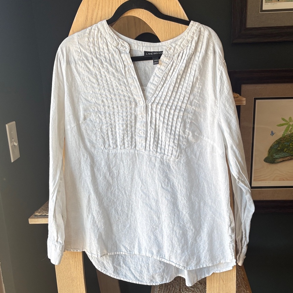 Lane Bryant White Pintuck Linen Cotton Blouse Size 14/16